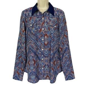 Roper Western Top Womens Large Blue Tribal Print Button Up Lightweight Crepe